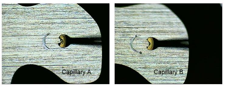 05 Figure 15. T-test wire pull strength comparison between capillary A and capillary B Means and Std Dev iations Median 4.86 5.2 75% 4.95 5.3775 90% 5.071 5.855 Maximum 5.11 6.