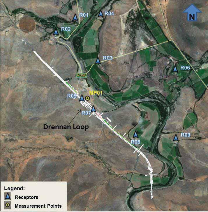 Export Railway Line: Eastern Cape Component Figure 3-1. Map of Drennan Loop Showing Noise Measurement Point and Receptors 3.3.2 Thorngrove Loop The Thorngrove loop is located about 20 km south of the Drennan loop, and about 6km from the N10.