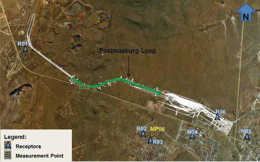 Figure 3-6. Postmasburg Loop Noise Monitoring Point and Receptors 3.3.7 Glosam Loop The Glosam loop is located approximately 22 km north of Postmasburg Town and 2 km west of the R325.