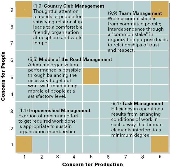 The Managerial Grid A two-dimensional view of leadership style that is based on concern for people versus concern for production Source: Adapted and reprinted by permission of the Harvard Business