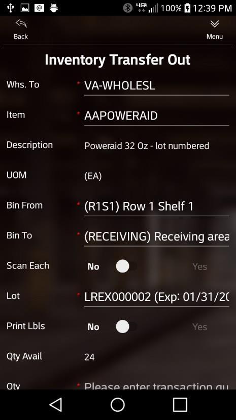 2 Scan or use a Lookup to complete the following. The Whs From field will be the default warehouse you logged into. Whs To. The warehouse you want to transfer inventory to. Item.