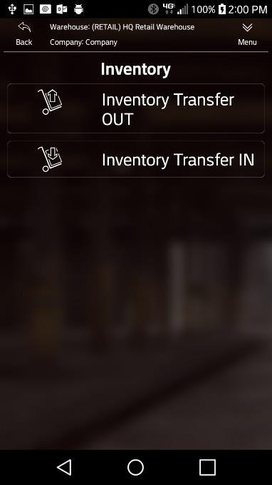 Inventory Transfer In You can use this option to transfer inventory into a warehouse, such as from a receiving warehouse into a main warehouse. 1 Tap Inventory Transfer IN.