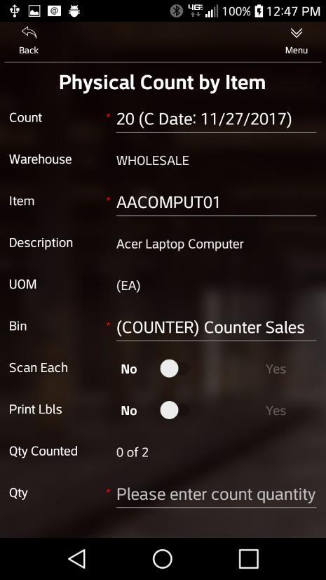 Physical Count By Item You can perform a physical count of inventory by item. 1 Tap Physical Count by Item. 2 Scan or use a Lookup to complete the following. Count Number.