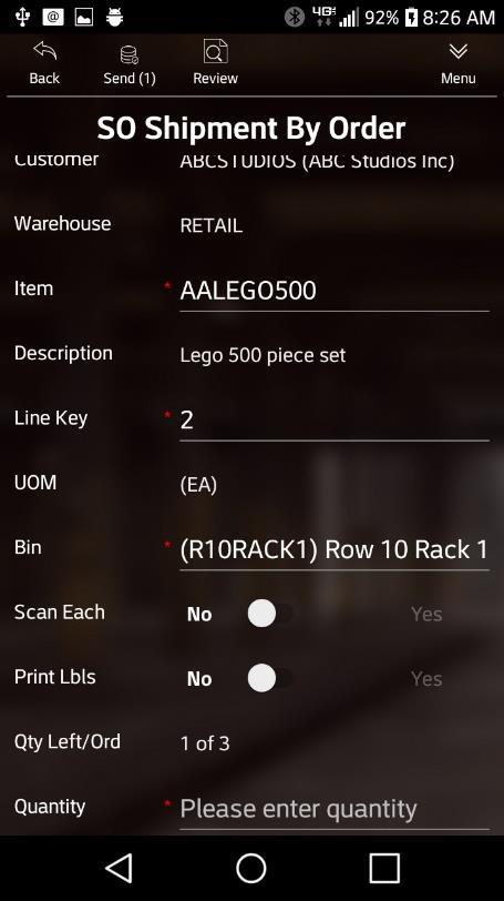 2 Scan or use a Lookup to complete the following. Type. The order type will default to Sales Order (SO). Sales Order. The SO number to ship. Customer name appears based on the SO selected. Warehouse.