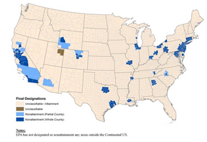 Ozone Concentrations Proposed Rule Comparison National Ozone Nonattainment Areas 2008 Standard National Ozone