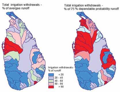 Spatial Variation of Water Supply and Demand in Sri Lanka Figure 2. Irrigation withdrawals as a percentage of TRWR and of the 75 % dependable runoff. for irrigation.