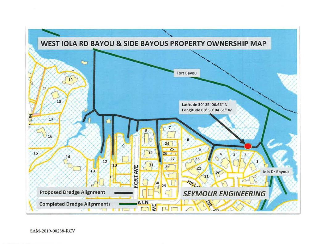 -,, WEST OLA RD BAYOU & SDE BAYOUS PROPERTY OWNERSHP MAP ',,,, Fort Bayou,,,, ',,,_, Lattude 3 25' 666" N,,,,_, Proposed Dredge Algnment " Completed
