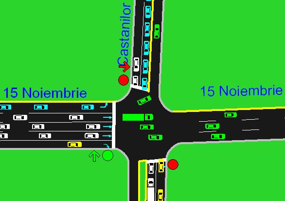 The first idea that works is to make a through lane from the shared lane on the 15 Noiembrie Street, thus obtaining a single left lane, two through lanes and one shared.