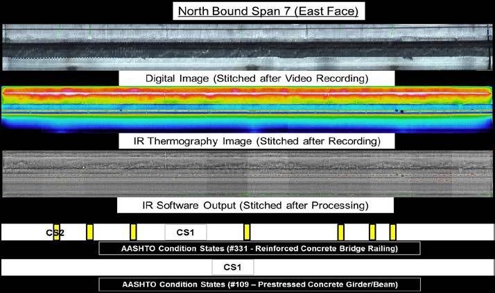 Fig.15: Example of Digital image, IR thermography image and software output Summary and Conclusions The full scan and analysis of Bridge #770054 (Lake Jessup Bridge) resulted in the discovery of only