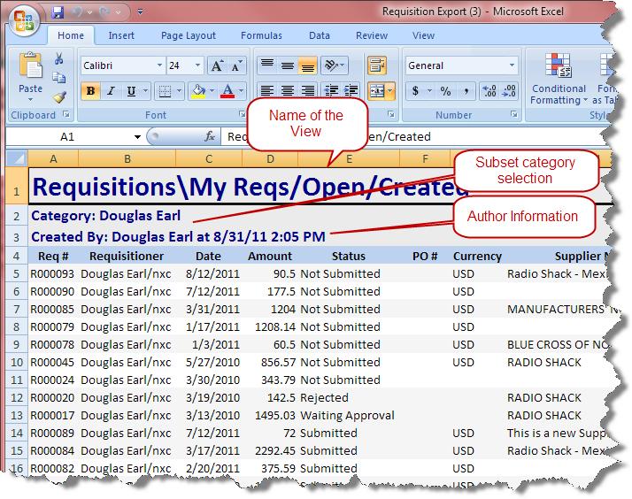 Download to Excel If authorized, you may export some requisition lists directly into Excel.