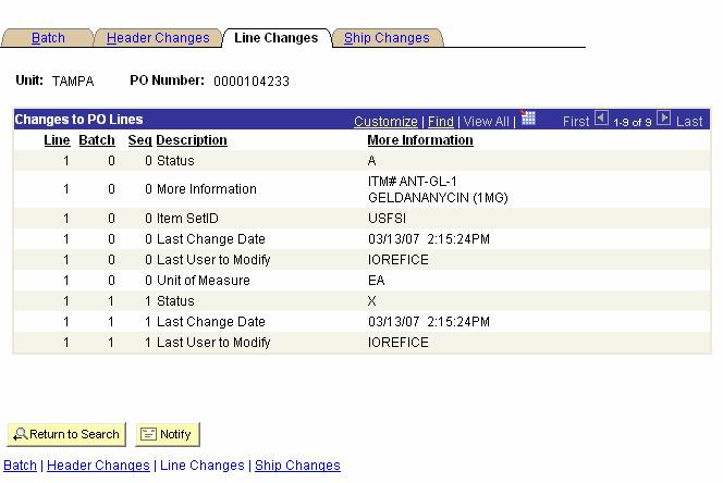 4.3 The Line Changes page displays any changes made to the Purchse Order line records.