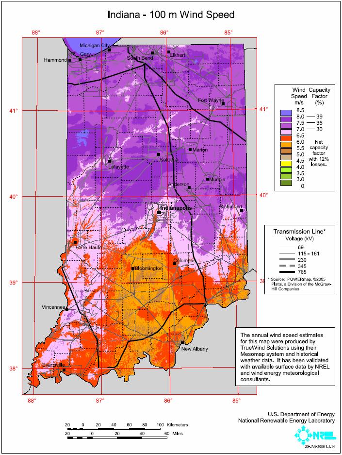 Indiana Wind Power Most recent wind map shows some potential areas in the northern half of the state In 2003 enxco proposed a 100 MW