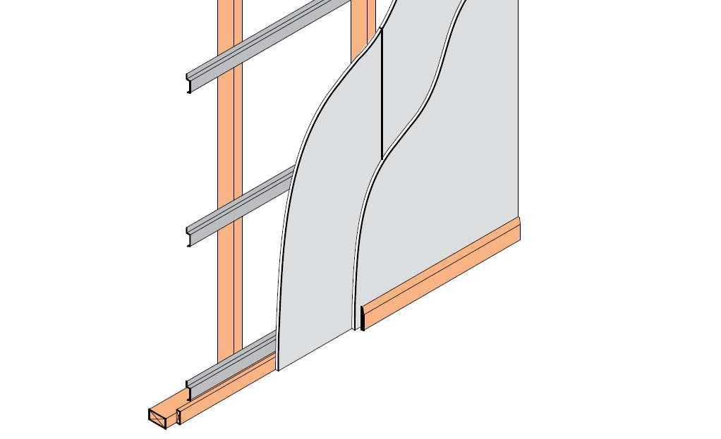 layer 15mm SoundBloc Gypframe RB1 resilient bars* fixed horizontally to studs at 600mm centres, SoundBloc and softwood layers screw fixed into RB1 resilient bars using drywall screws selected to