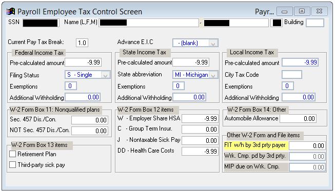 Chapter 1 - Payroll Employee Records Employee Tax Control Screen The Employee Tax Control Screen is used for two purposes.