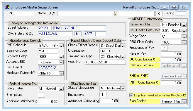 MiCase HR/Payroll System User s Guide Employee Master Setup Screen The Employee Master Setup Screen is used to enter data that defines how the employee s pay is calculated and delivered.