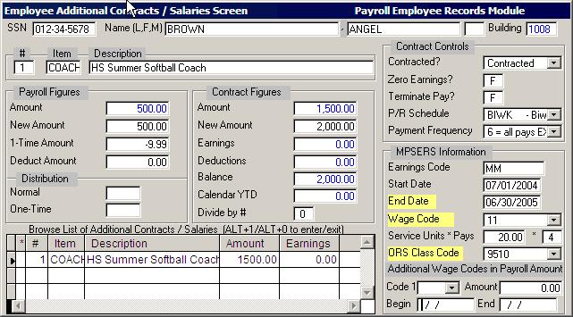 MiCase HR/Payroll System User s Guide Data Field Descriptions Employee Additional Contracts/Salaries Screen SSN, Name (L,F, M) and Building System-maintained Field - These fields are shown as entered