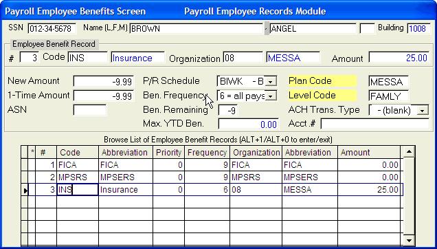 MiCase HR/Payroll System User s Guide When you choose Modules Payroll Employee Records Employee Benefits Screen, you will see the following: Payroll Employee Benefits Screen Data Field Descriptions