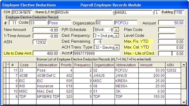 MiCase HR/Payroll System User s Guide Employee Elective Deduction Screen Data Field Descriptions SSN, Name (L,F, M) and Building System-maintained - These fields are shown as entered in the Personnel