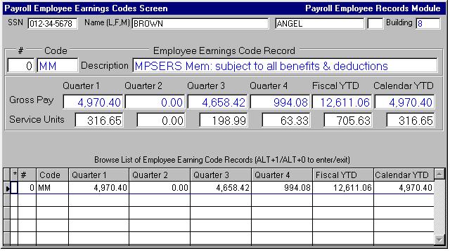 Chapter 1 - Payroll Employee Records Gross Pay by Earning Codes The Gross Pay by Earnings Codes Screen is used to display data specific to amounts submitted the Michigan Public School Employees