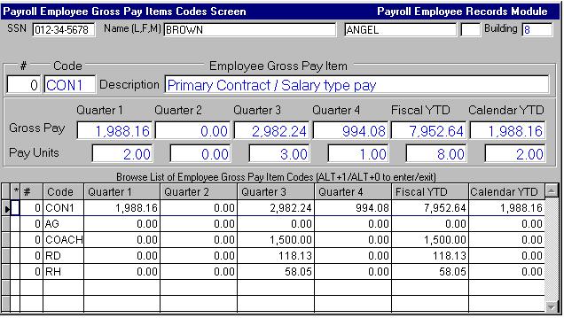 MiCase HR/Payroll System User s Guide Gross Pay by Item Codes The Gross Pay by Item Codes Screen is a System-Maintained Screen used to display Gross Pay Codes and Pay Units by Quarters, Fiscal