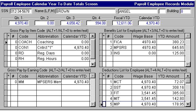 MiCase HR/Payroll System User s Guide Employee Calendar YTD Totals Screen The Employee Calendar YTD Total Screen is a System-Maintained Screen used to display an overview of an employee s payments,