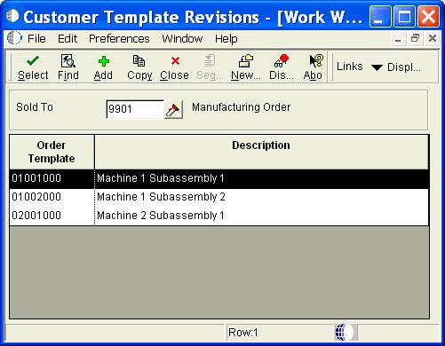 Figure 9 Template Setup For your Bill of Materials customer, create as many templates as you like. The steps to do this are: 1. Click Add 2. Type in the Sold To address: address 9901 in my example 3.