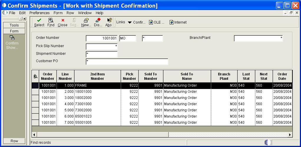 Figure 23 Shipment Confirmation If you pick and issue all required items at the same time, you may use the Confirm Shown Lines button on the form exit bar.