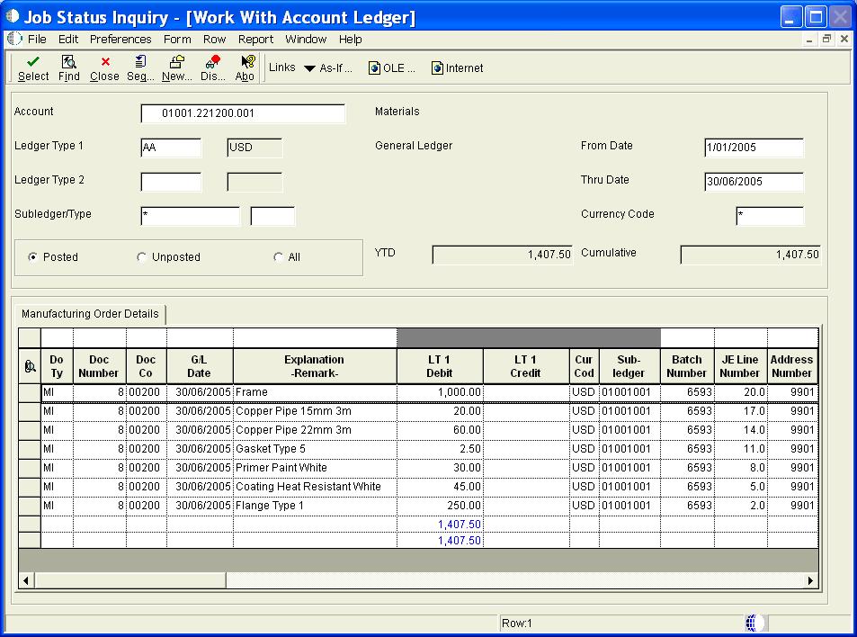 If further detail is required, the user may highlight a line and click the account ledger button on the Row Exit bar.