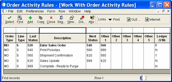 Setup: Order Activity Rules Figure 2 Order Activity Rules Very simple activity rules are required since there will
