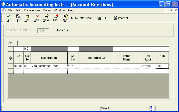 Setup: Automatic Accounting Instructions We will need to set up DMAAIs tables 4220, 4230 and 4240: Figure 4 Automatic Accounting Instructions Comments: 1.