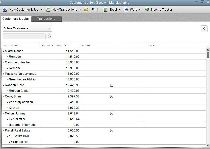 The example below uses the Customer Centre, but this also applies in the Vendor Centre, Item list and Chart of Accounts.