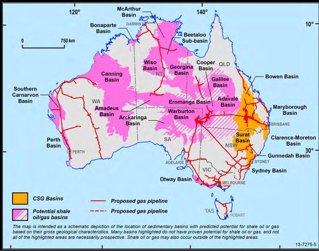 Australia: Shale gas - technically recoverable potential: 437 tcf in 6 basins (avg 21% RF), EIA 2013 > 1000 tcf in all prospective basins, Cook, 2013 Shallow CSG, Queensland & New South Wales 235 TCF