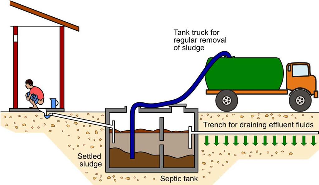 The solids undergo a process of anaerobic decomposition. The effluent, which flows out of the septic tank, constitutes a potential health hazard.
