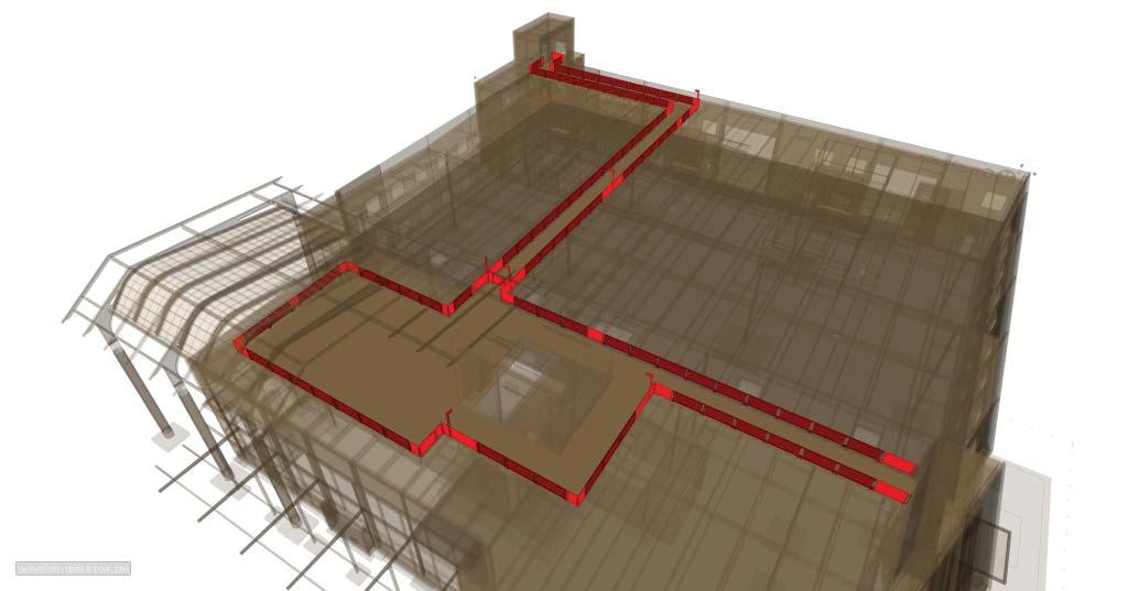 DIRECT FROM BIM TO FABRICATION The building contains a roof-top Area of Respite for employee use and to generate LEED credits. Area size required two means of egress by pathways to exit stairs.