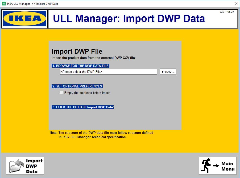 Product Data Import from DWP CSV File Form Figure 7: Screenshot of the DWP data import The user has to browse for the external DWP CSV file. Only CSV-formatted files can be used for import.