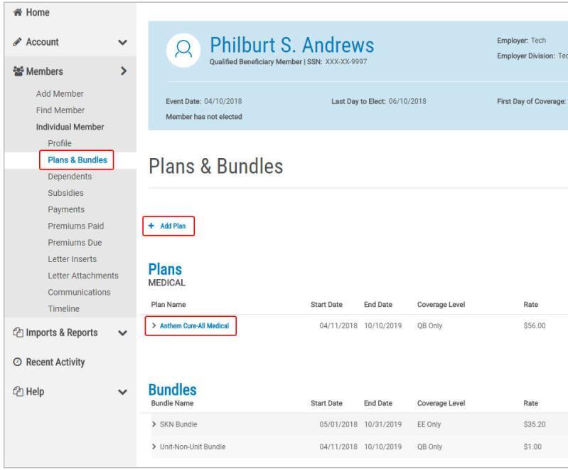 Plans & Bundles: The Plans & Bundles page contains a listing of the insurance plans and plan bundles the member has