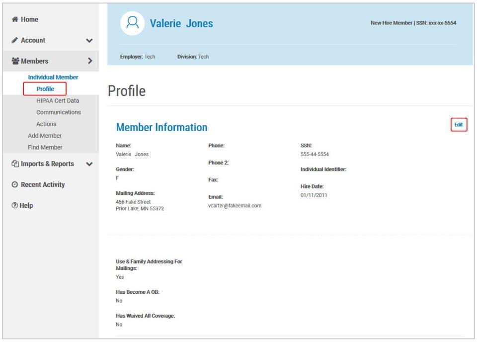 Viewing Member Accounts New Hire Member Information: The Profile page is displayed by default when opening a New Hire member record using