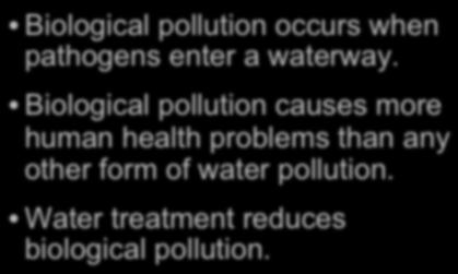 Biological Pollution Biological pollution occurs when pathogens enter a waterway.