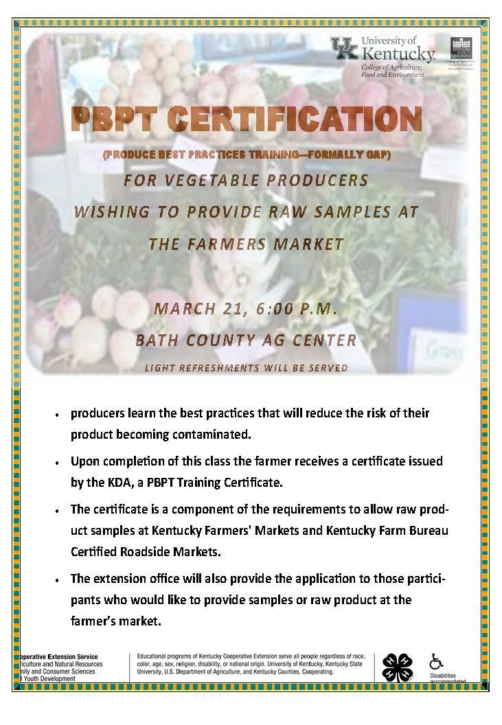 (Meets Education Requirement for CAIP) after CAIP meeting March 21 PBPT (Vegetable GAP) Training Bath County Extension