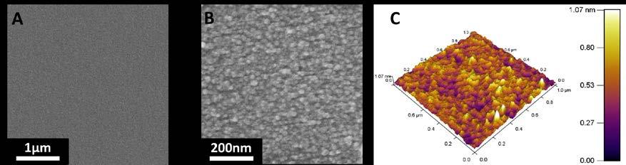 Fig. S8 Top-view SEM images (A) and (B), and AFM image (C) at MoS 2 channel center.