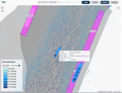 port domain (Figure 4). Figure 4 : Map view of NCOS ONLINE showing a moored Bulk Carrier and enroute Tanker inside the Port of Brisbane. The blue streamlines illustrate live predicted current speeds.