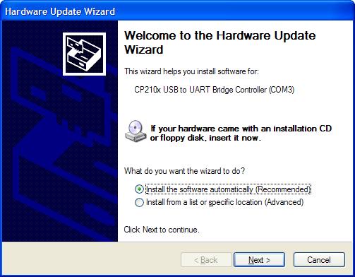 If the Found New Hardware Wizard asks to connect to Windows Update, select No, not