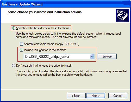 In the next windows of the Hardware Update Wizard select Install from a list or specific location (Advanced).