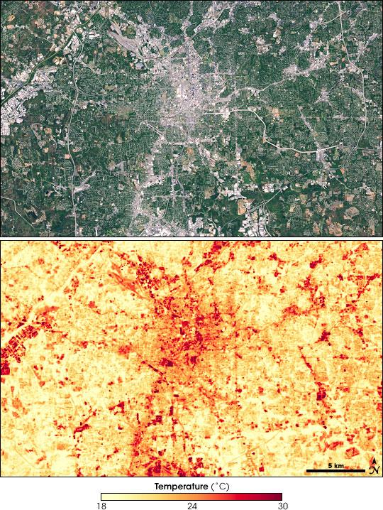 18-6 Atlanta Atlanta metro region 9/28/2000 Landsat-7 image True-color image (top) - Surface temperature (bottom) - Urban areas are gray Wooded suburbs and open fields are
