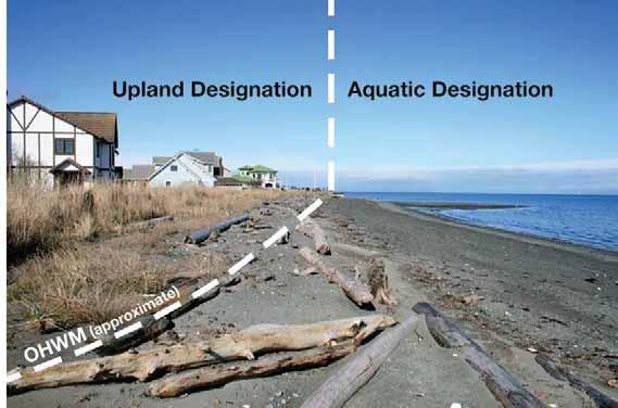 Figure 2-1. Juxtaposition of the Aquatic and upland (shoreland) designations on a typical waterfront parcel (the location of the OHWM needs to be determined in the field) 2.