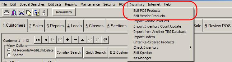 TRS Inventory Vendor Products and POS Products Inventory you carry in your store in POS