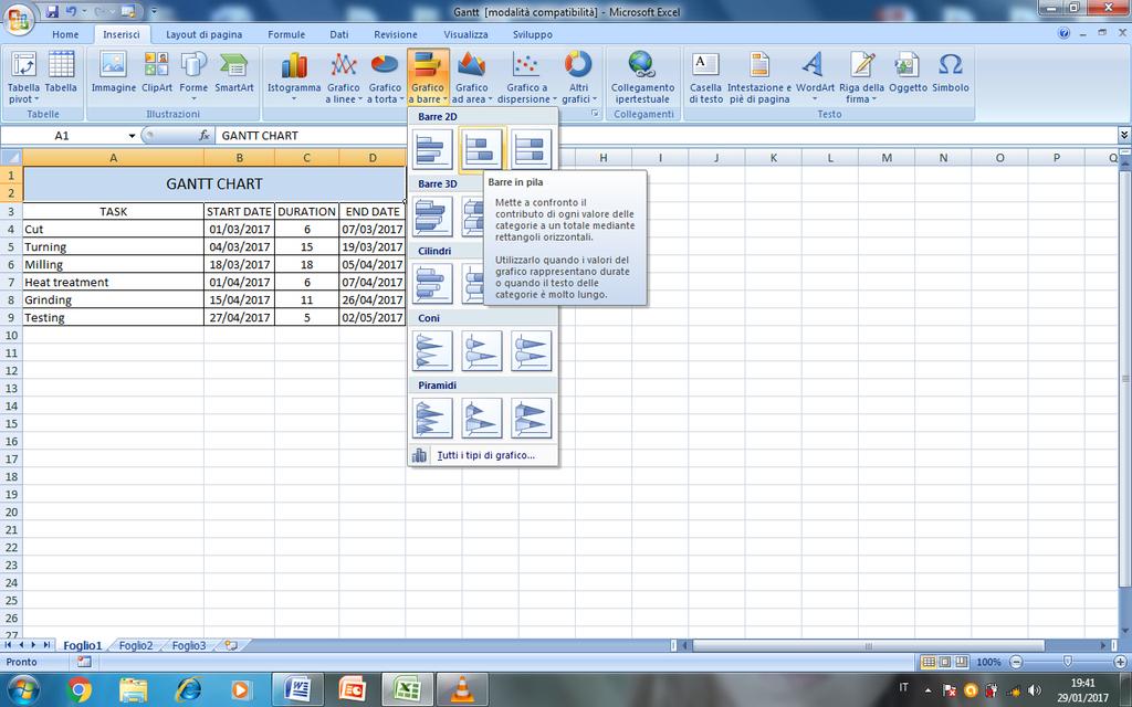 2) While the cell GANTT CHART is selected, click on Insert in the top bar; click on the