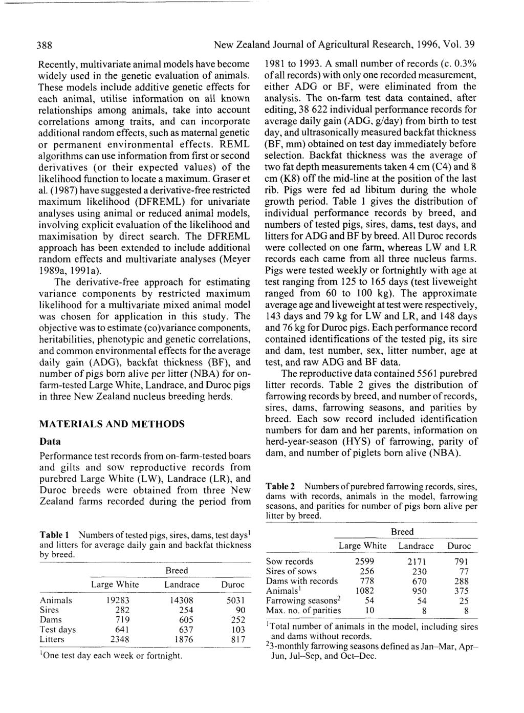 388 New Zealand Journal of Agricultural Research, 1996, Vol. 39 Recently, multivariate animal models have become widely used in the genetic evaluation of animals.