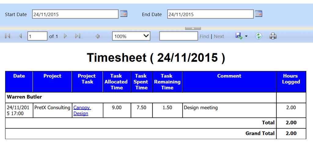 Timesheets The information captured by recording phone calls, appointments and tasks against a Project Task can be collated and displayed in the Timesheet Report.