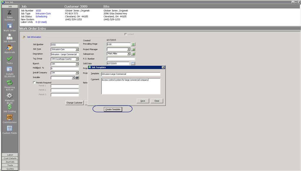 After saving the information, go to the Work Order and click on the button Create Template.